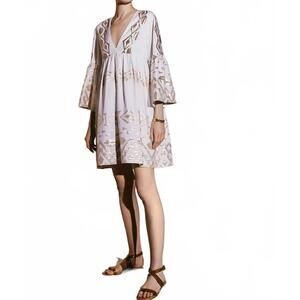 NEW LACE long bell sleeve mini dress in white gold